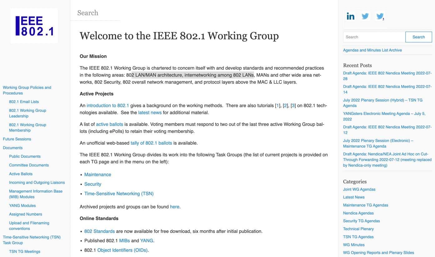 Pagina wiki del IEEE 802.1 Working Group