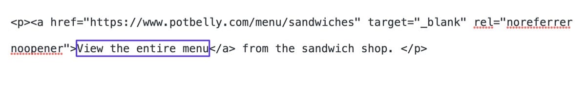 Esempio di un link testuale dove è evidenziato il testo del link "View the entire menu"