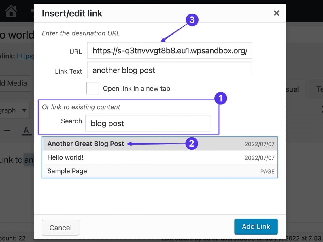 Finestra popup con le opzioni per inserire e modificare i link: tre frecce indicano rispettivamente il campo per aggiungere un link al contenuto esistente, il menu a tendina da cui scegliere il contenuto esistente e il campo URL in cui comparirà l’indirizzo dell’articolo scelto.