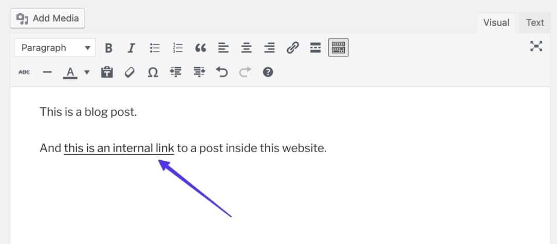 Schermata di un articolo nell’editor classico di WordPress: il link è sottolineato a indicare che è cliccabile nel backend di WordPress.