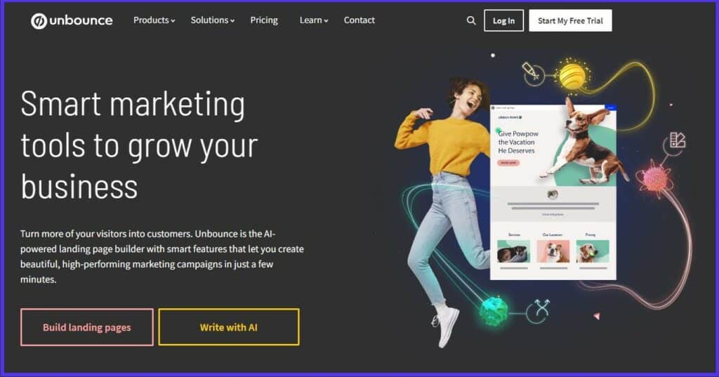 Homepage di Unbounce con il motto Smart marketing tools to grow your business