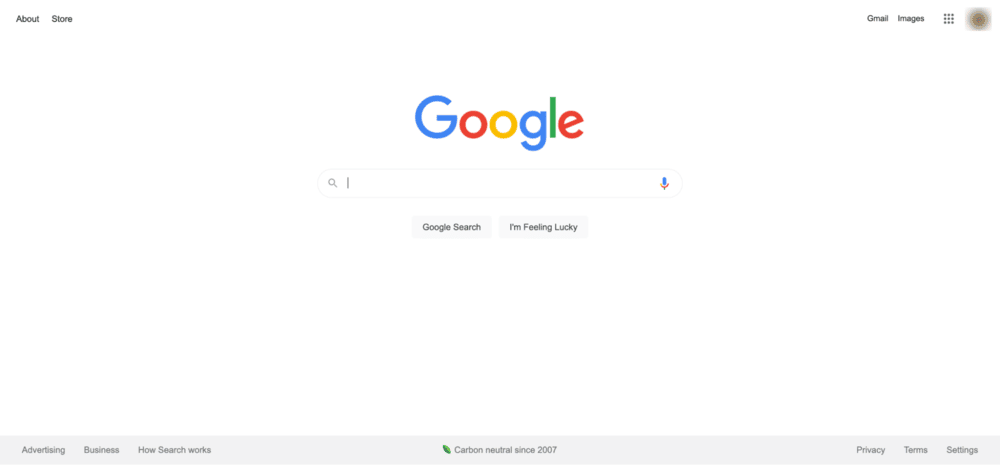 Homepage of Google with Google’s logo in the center with a search bar below it. 