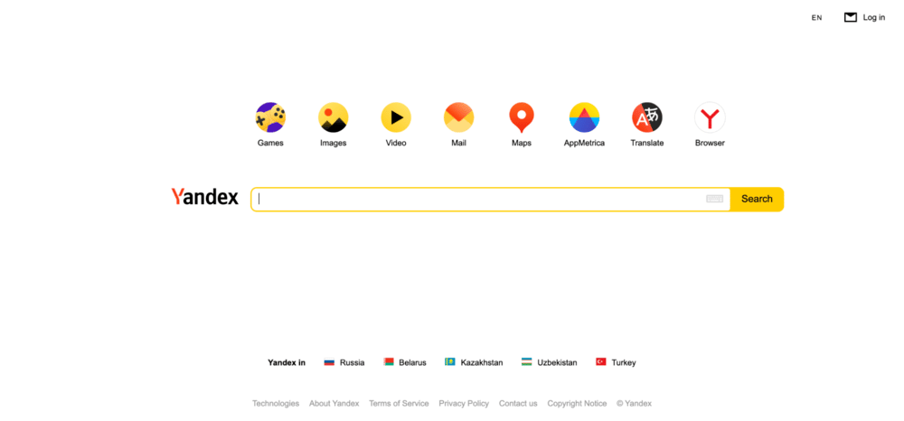 Page d'accueil de Yandex avec une barre de recherche au centre, un tas d'icônes au-dessus, et le logo de Yandex à gauche de la barre de recherche. 