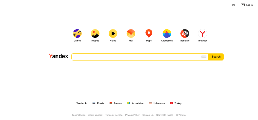 Yandex hjemmeside. 