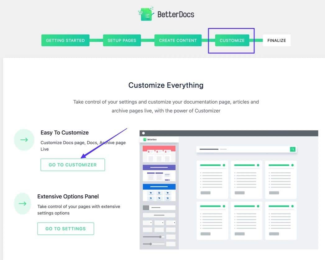 Verwende die Schaltfläche Zum Customizer gehen