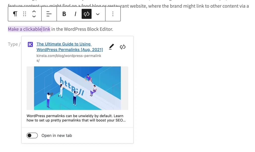 clicking on the new link shows a visual preview with the page's link, featured image, and more information