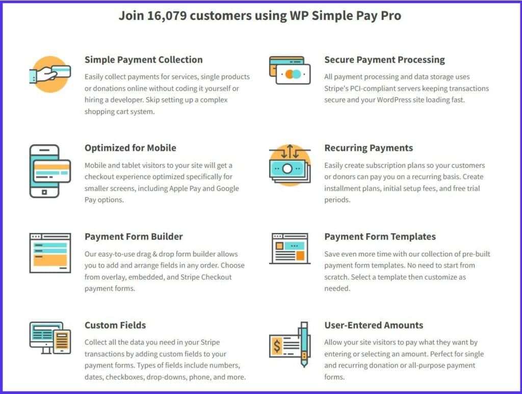 Captura de pantalla de las características de WP Simple Pay