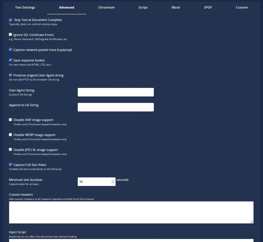 Una visión general de las opciones de prueba avanzadas de WebPageTest.