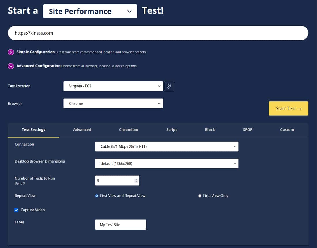 Captura de pantalla de la página de inicio de la herramienta de prueba de velocidad del sitio WebPageTest.