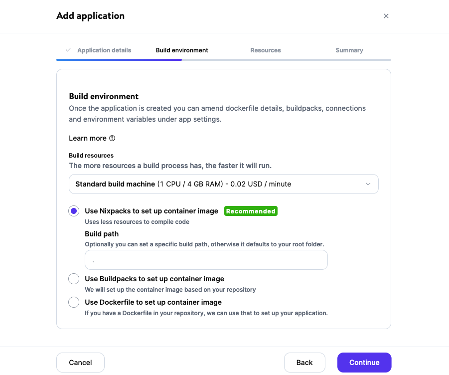 Schermata di MyKinsta per configurare l'ambiente di compilazione dell'applicazione.