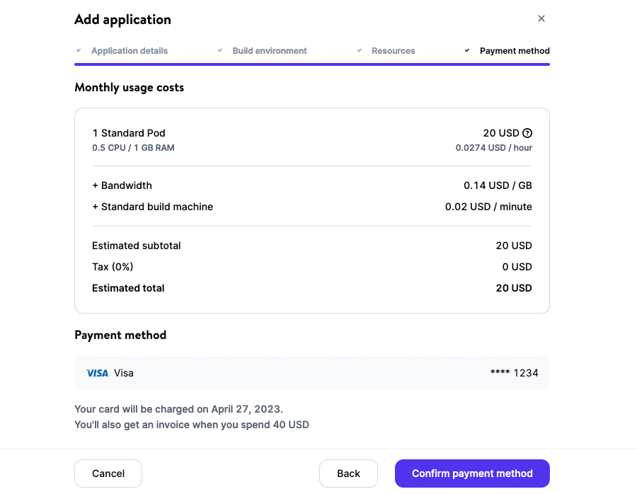 Lägg till betalningsmetod för applikationen.