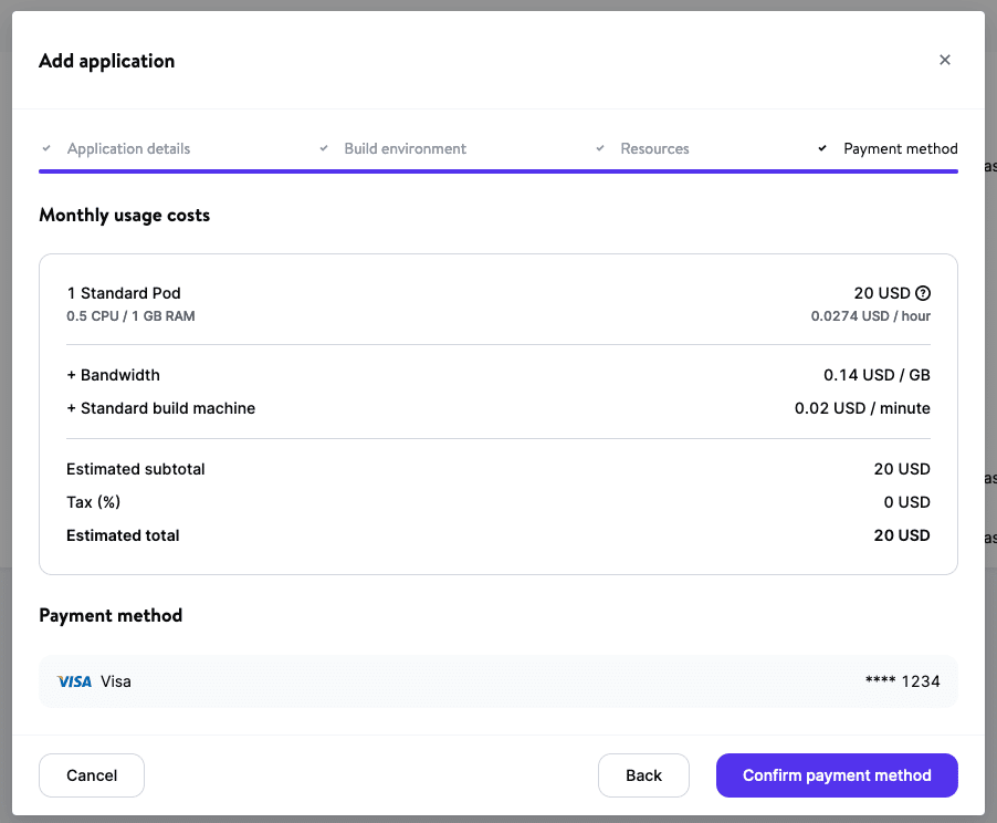 Confirmando el método de pago para nuestra aplicación de ejemplo.