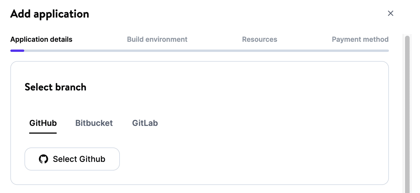Vælg GitHub i applikations-detaljer, når du tilføjer en applikation.
