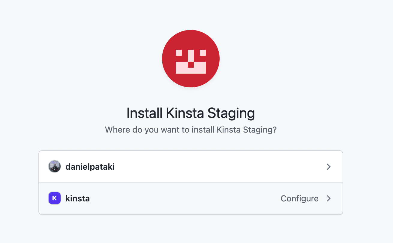 Installer Kinsta Staging-applikationen på din GitHub-konto.