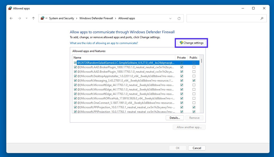 Configurações de Firewall no Windows Defender.