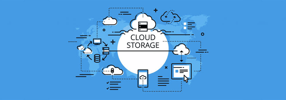 A flowchart illustration of cloud storage with no text, showing arrows pointing between different parts of the cloud storage process.