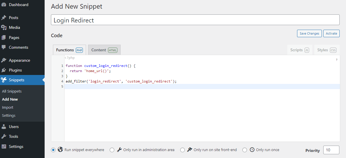 Adding a new snippet using the Code Snippets plugin