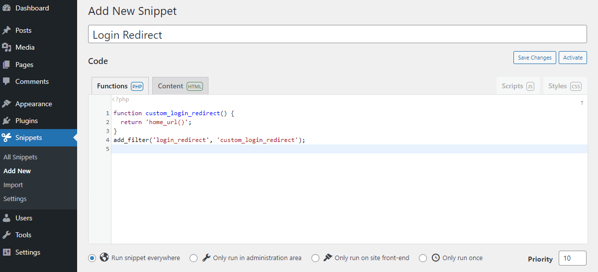 Lägg till ett nytt utdrag med hjälp av pluginet Code Snippets.