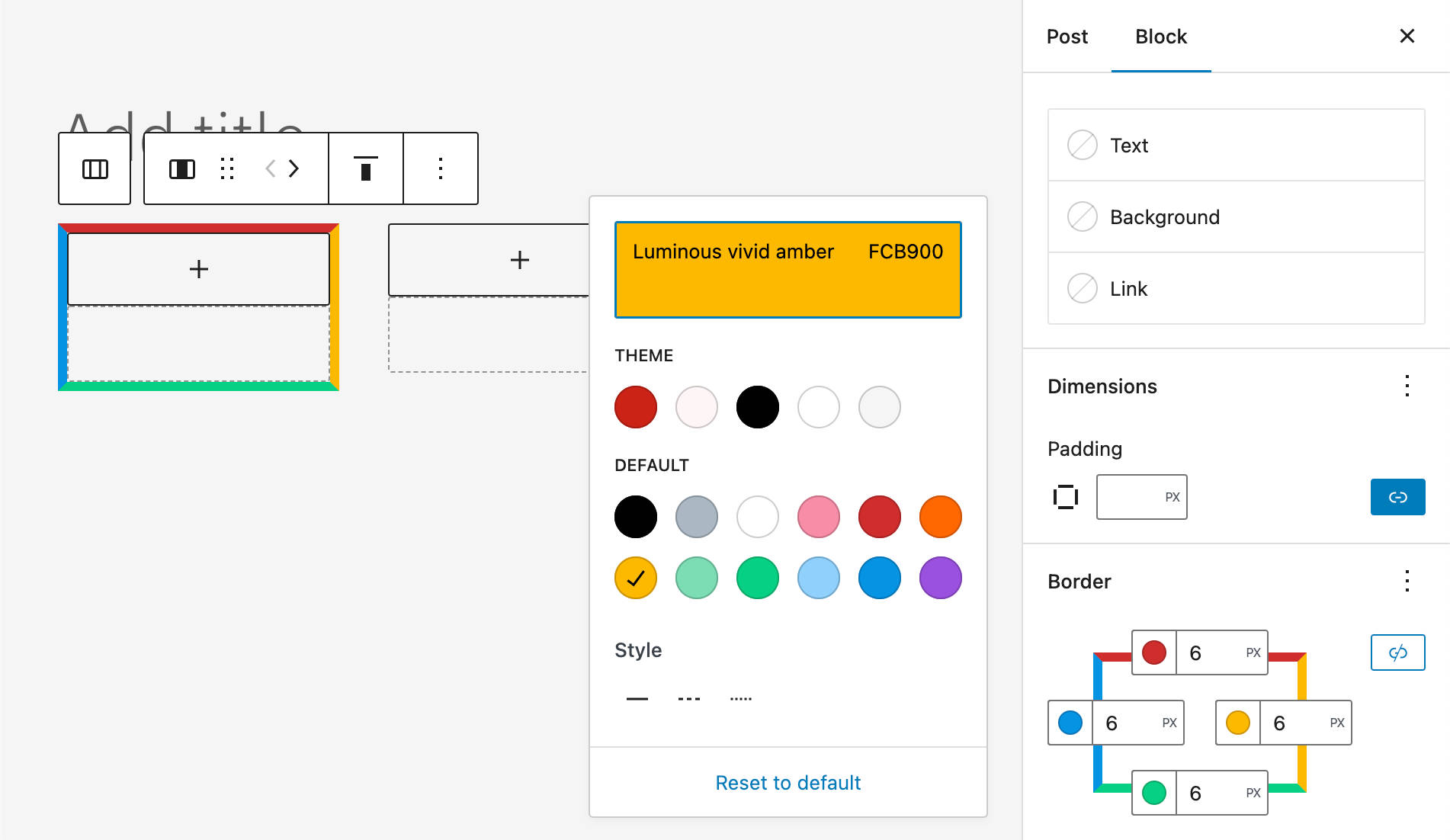 Una schermata che mostra come personalizzare i bordi delle colonne in WordPress 6.1