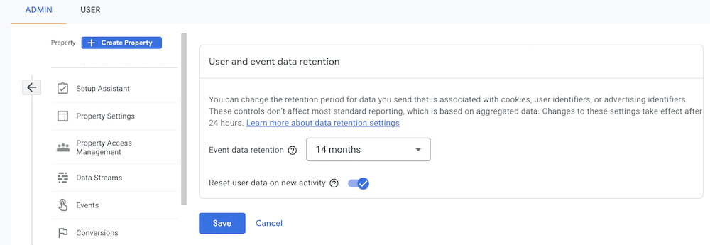 Data retention duration settings in GA4