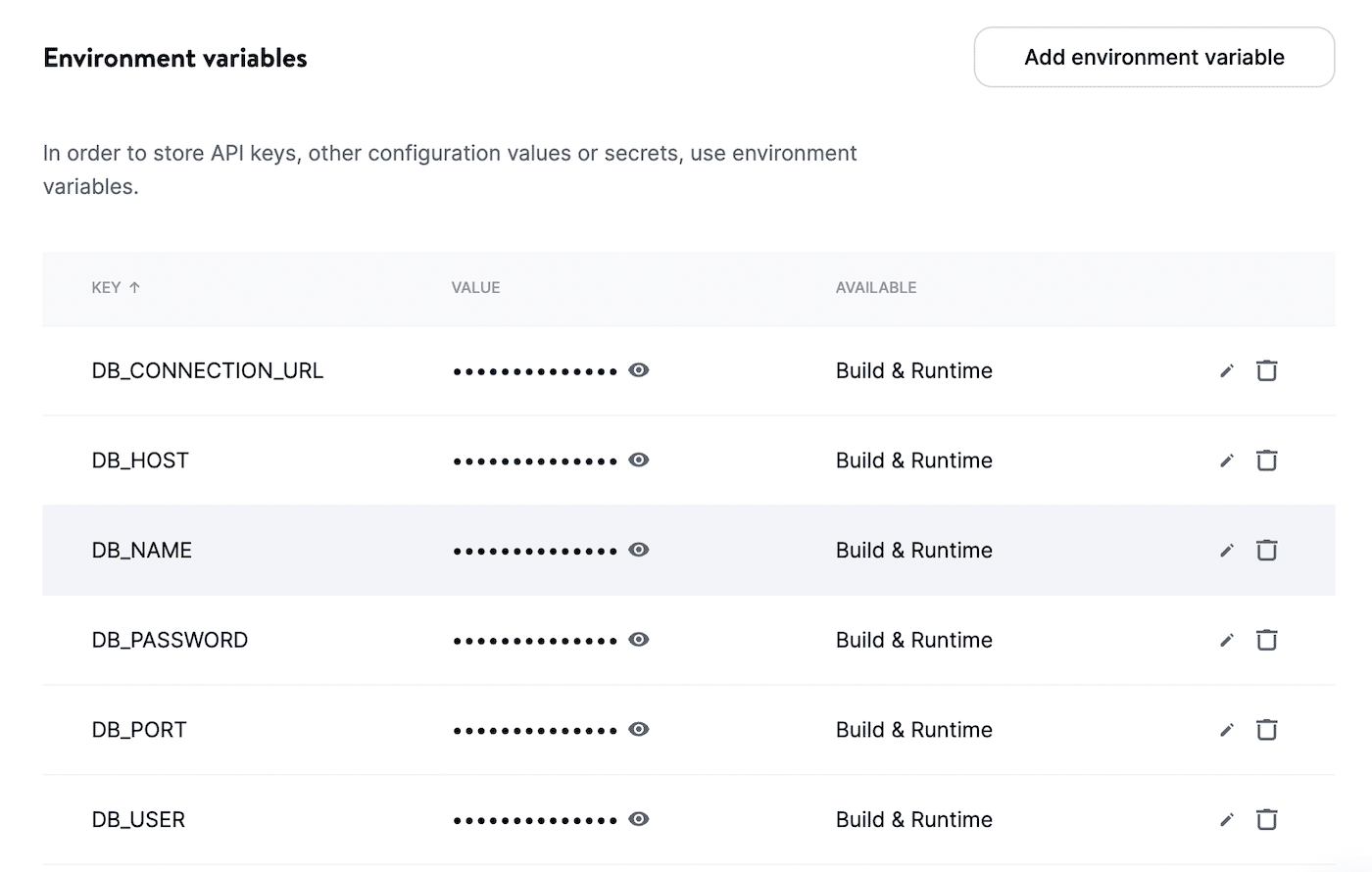 Variables de entorno de tu aplicación.