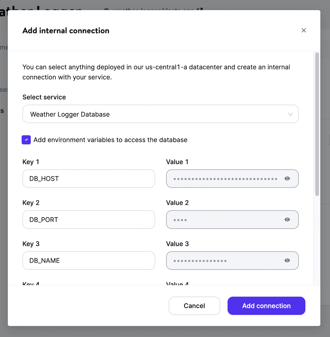 Añade una conexión interna para nuestra aplicación de ejemplo.