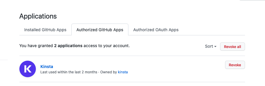 Kinsta GitHub applicatie in Authorized GitHub Apps.