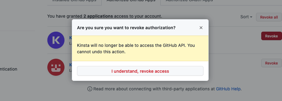 Revoke access for the Kinsta GitHub application.