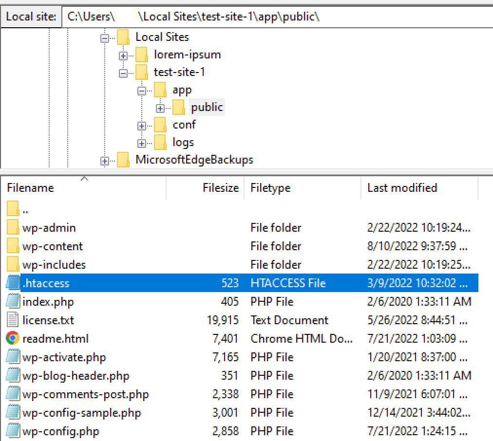Schermata di FileZilla dove è stato localizzato il file .htaccess dentro la cartella public