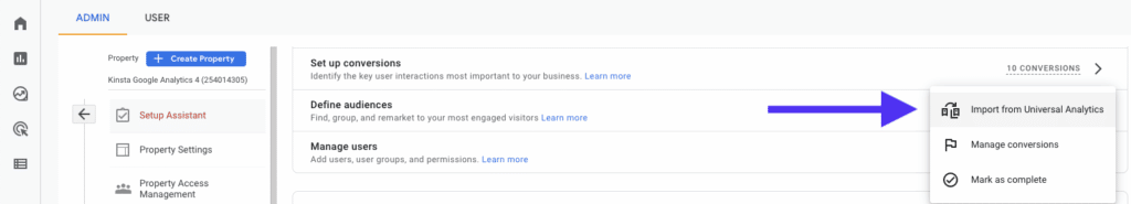 Skärmdump från GA4 som visar möjligheten att importera konverteringar från universell analys