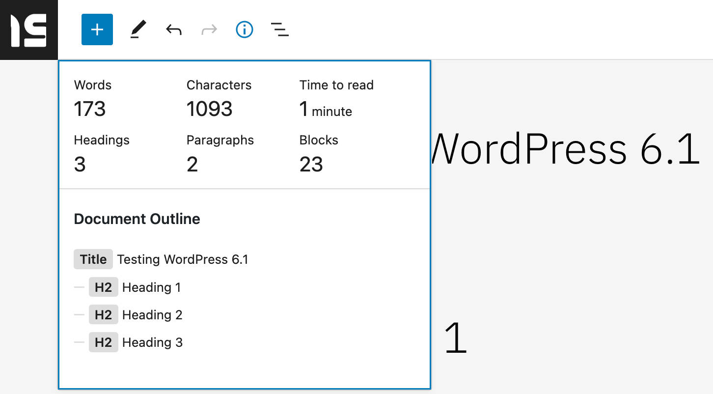 In WordPress 6.1 geeft het Infopaneel nu Time to read weer