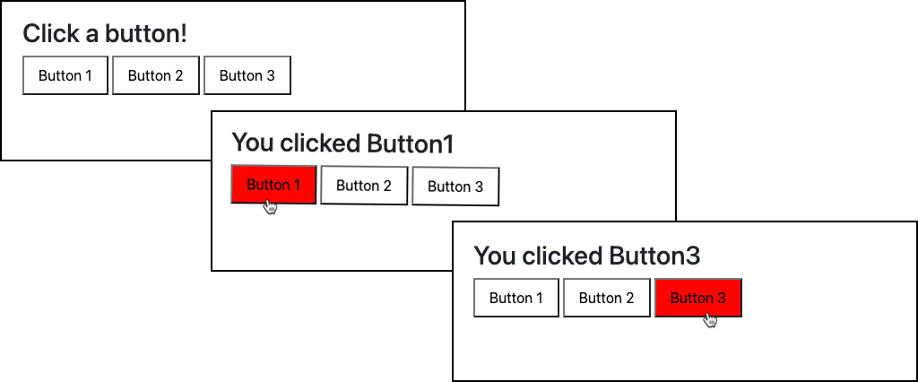 Captura de pantalla que ilustra la detección del clic del ratón en varios botones.