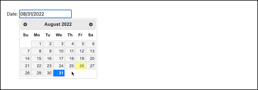 Captura de pantalla de un selector de fecha jQuery UI en uso.