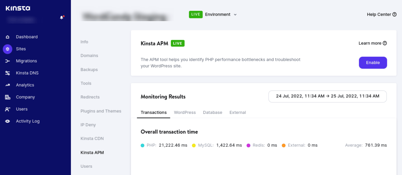 Kinsta APM værktøjet