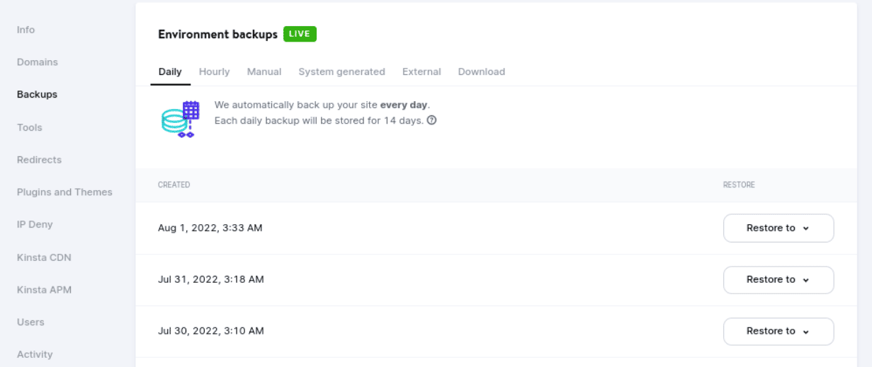 fanen MyKinsta Backups