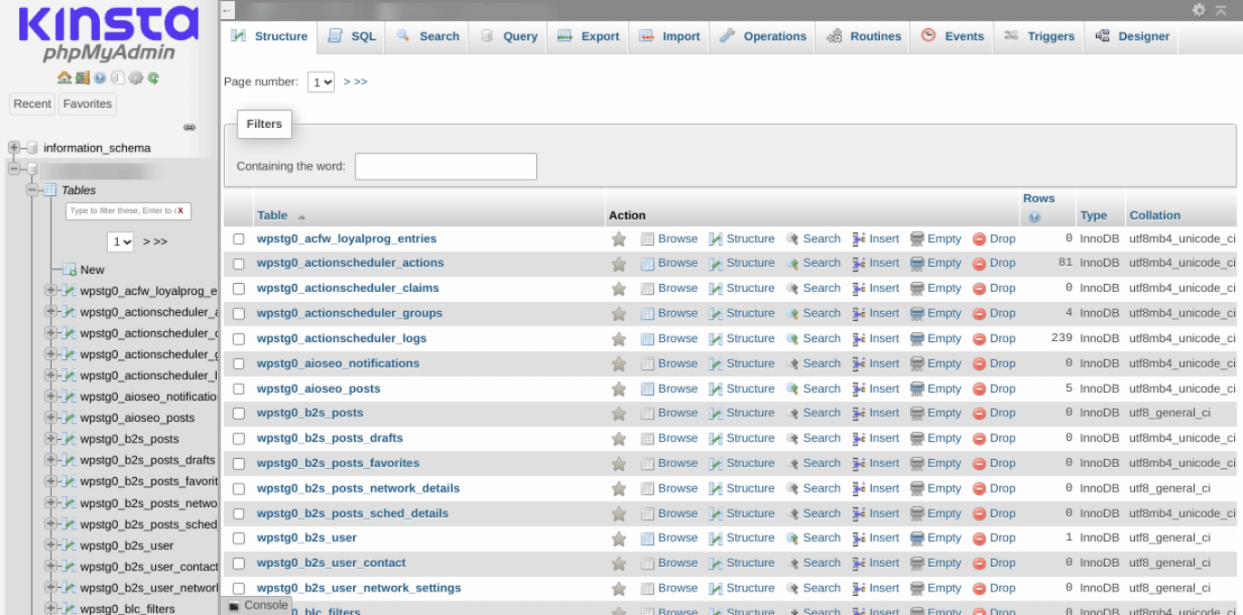 Skärmen för Kinsta phpMyAdmin