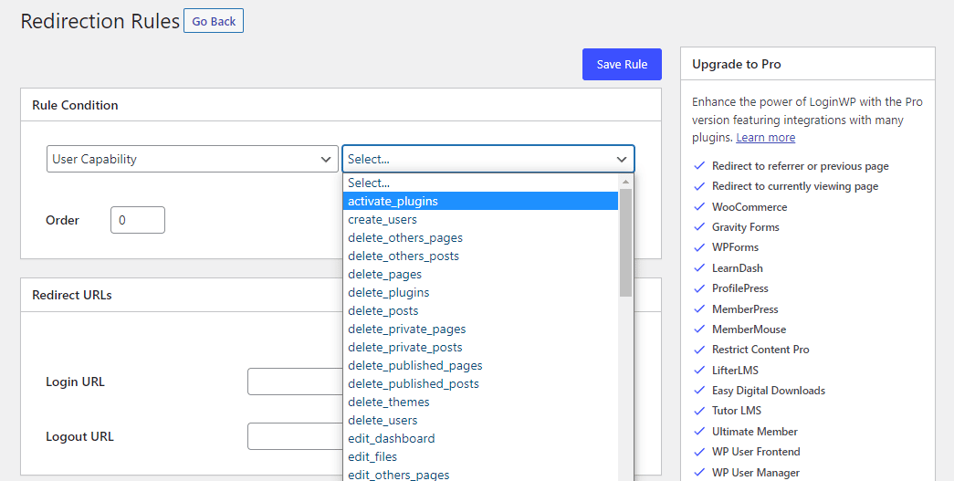 Etablering af betingede regler med LoginWP-plugin.