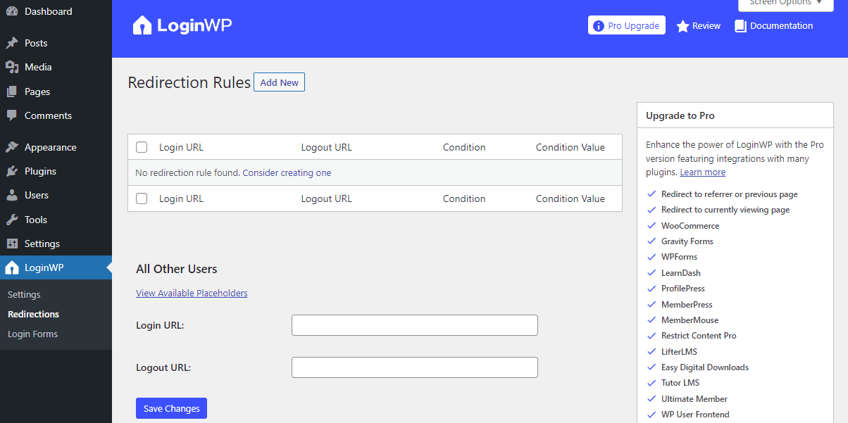 Configuration des règles de redirection avec l'extension LoginWP.