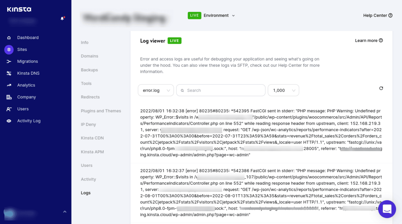 The MyKinsta Log viewer