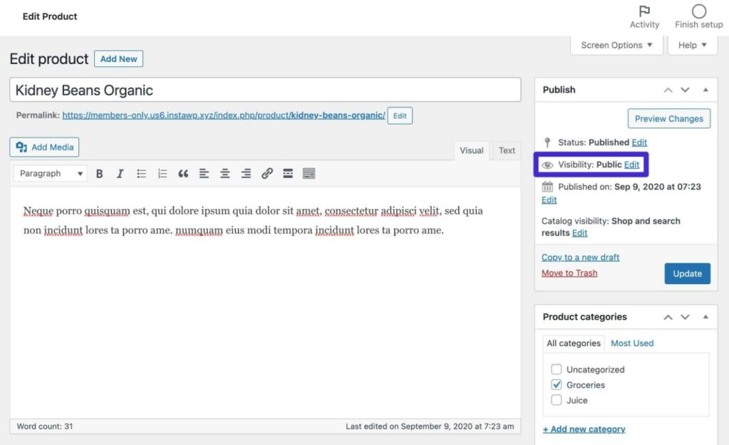 Schermata dell’editor WordPress in cui è evidenziato il menu laterale e la sezione Pubblica: il campo Visibilità è quello in cui attivare la protezione con password.