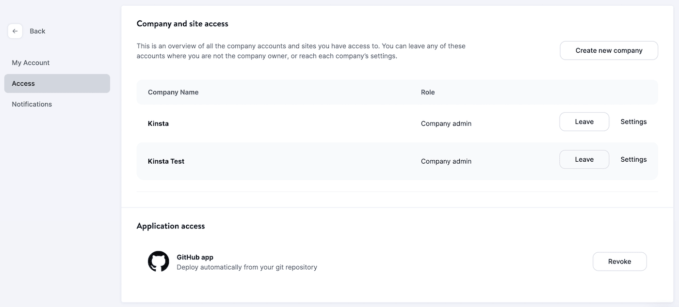 The GitHub application in MyKinsta application access.