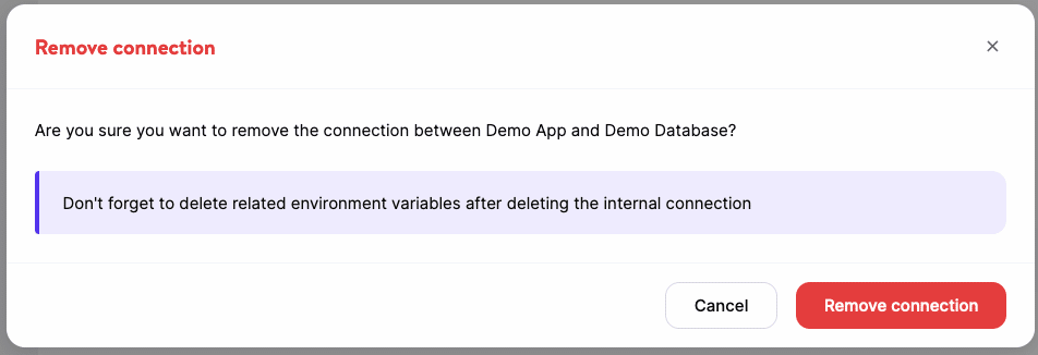 Eliminar una conexión interna entre una aplicación y una base de datos.