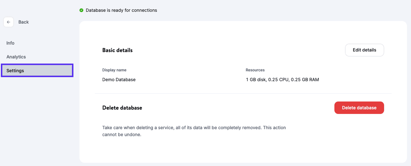 Configurações do banco de dados no MyKinsta.