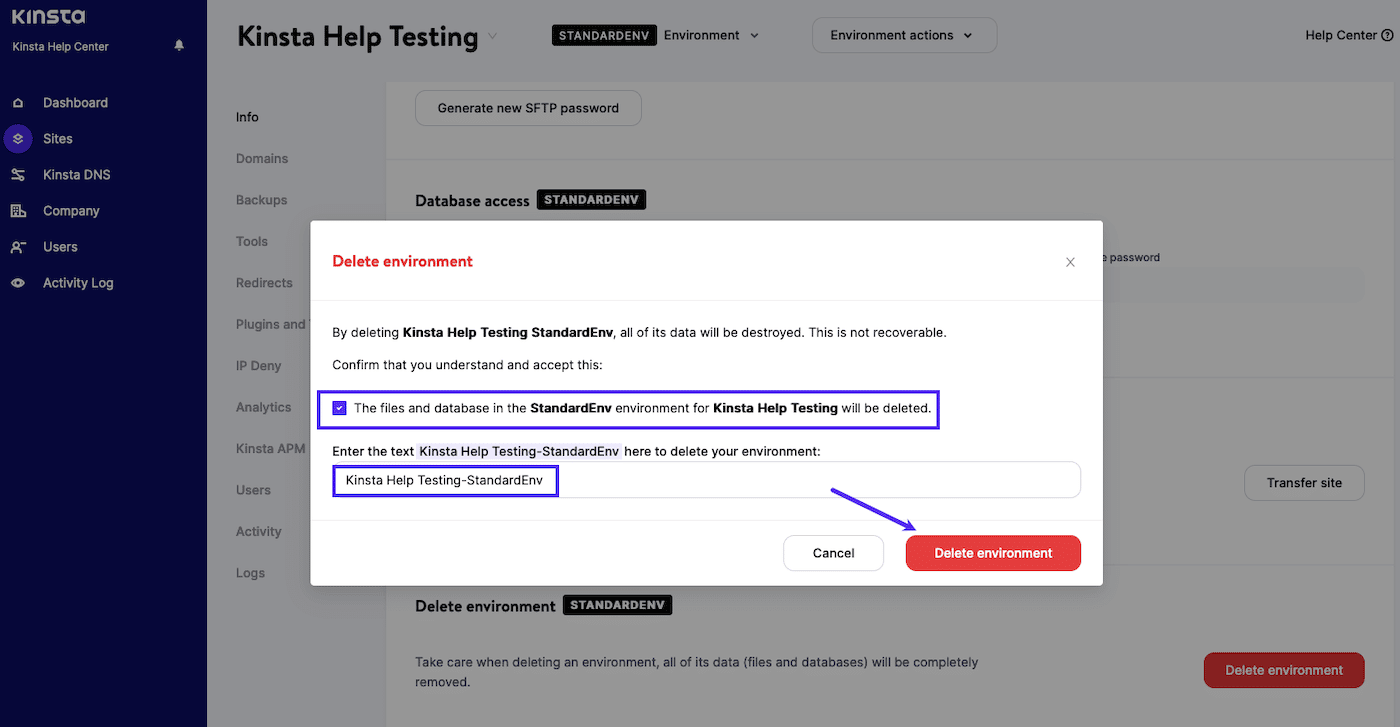 Delete a staging environment in MyKinsta Eliminare un ambiente di staging.