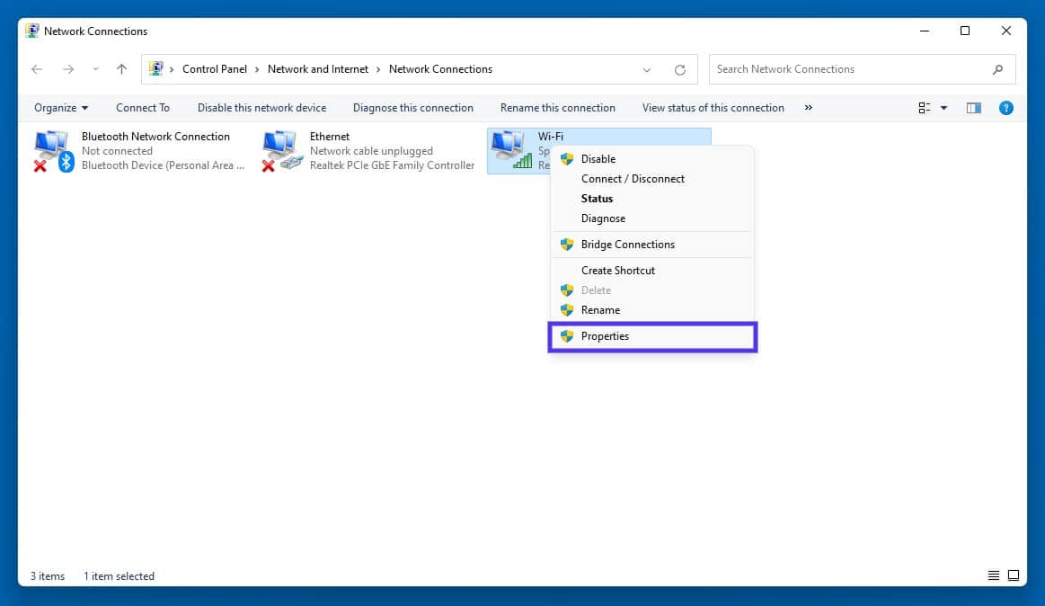 The Properties of a network connection in Windows.