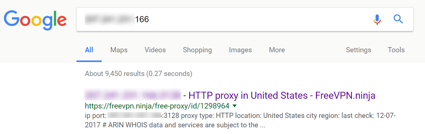 A proxy IP address in Google search results.