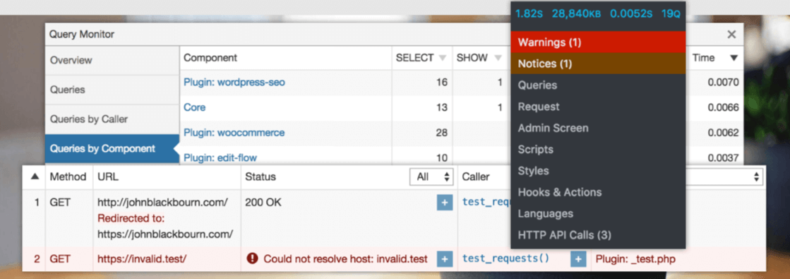 O plugin Query Monitor do WordPress.