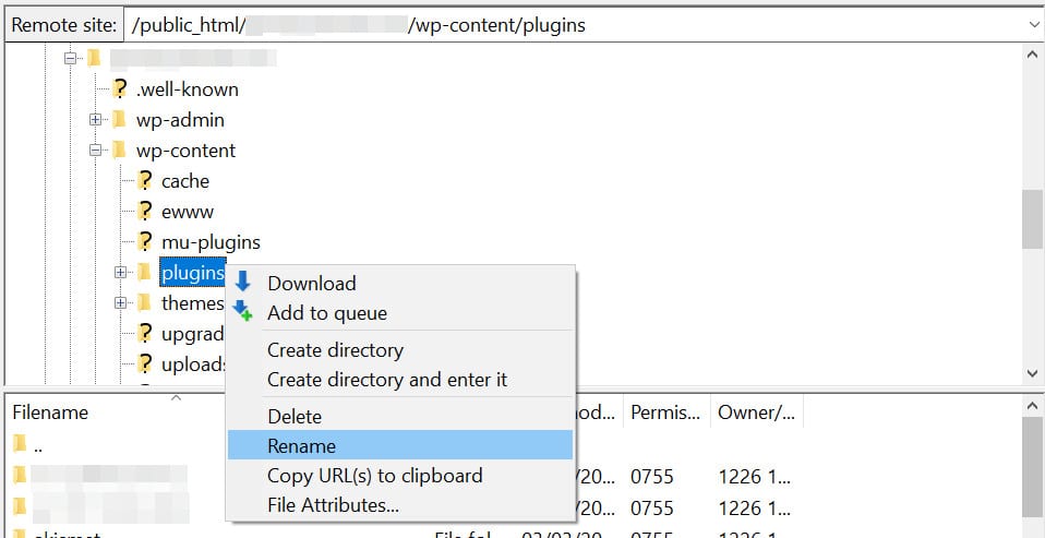 Renombrar la carpeta de plugins en FileZilla