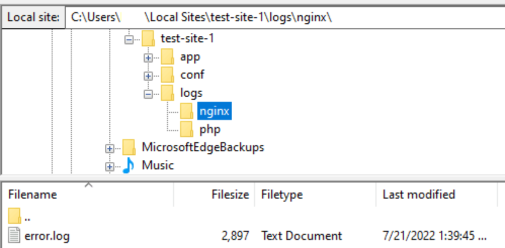 Locating site error logs in FileZilla
