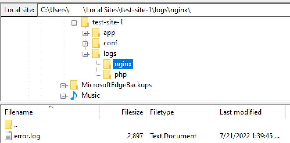 Lokalisering af fejllogs på webstedet i FileZilla